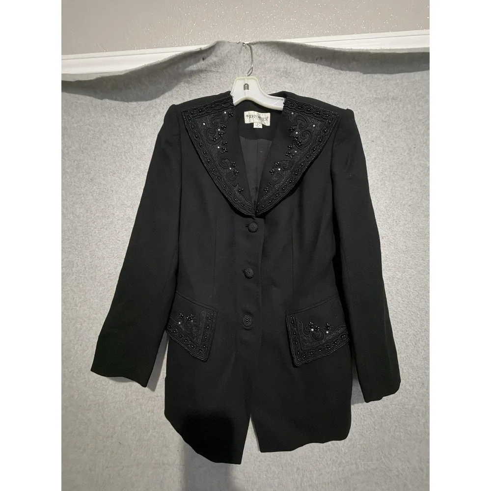 Vintage John Meyer Blazer Womens 8 Black Beaded Wool Shawl Collar Jacket